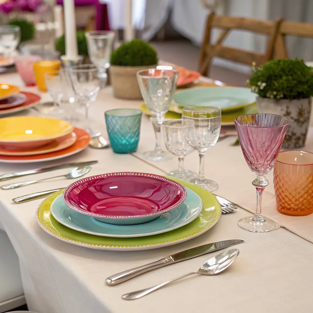 Event table setting featuring SELARIONT vibrant dinnerware